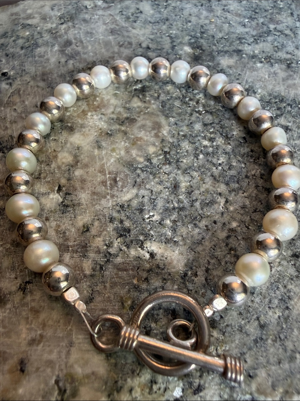Pearl and Sterling Silver Bead Toggle Bracelet - White Pearls